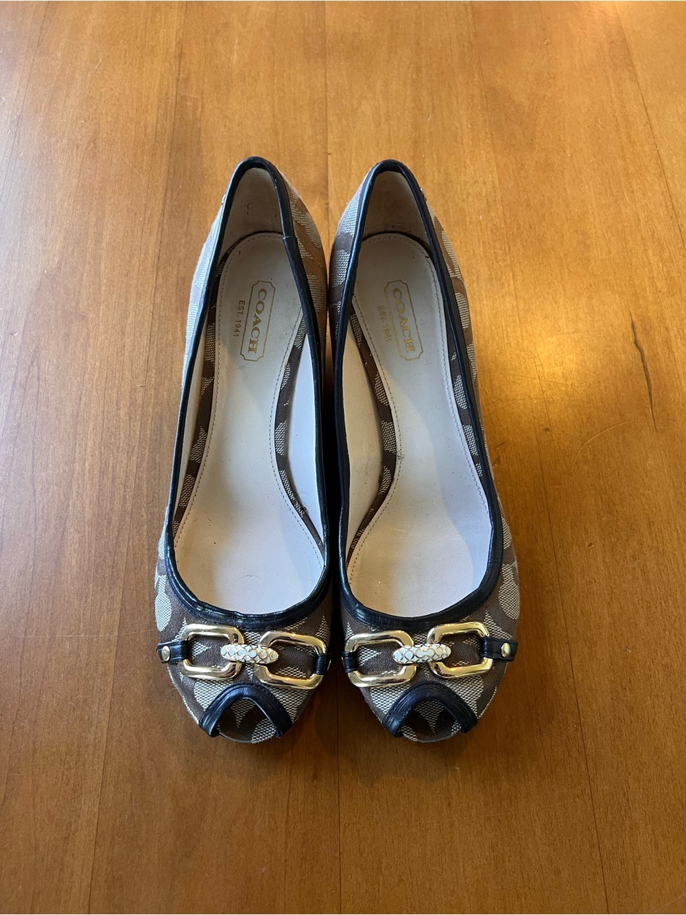Coach Brown Signature Peep-Toe Flats with Gold Chain Accent